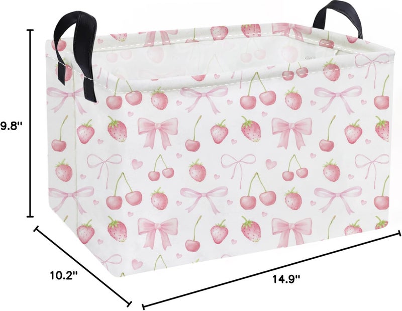 ESSME Rectangular Kids Baskets,Girls Storage Basket Pink Bins with Handles for Strawberry Room Decor, Cherry Storage Bin（Strawberry） - Image 2